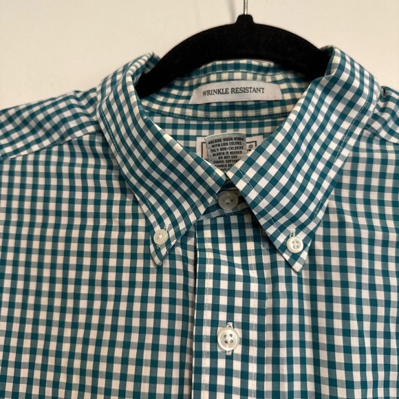 LL Bean Men’s L Dress Shirt Small Checker Teal & White Wrinkle Resist. reg. fit - Picture 9 of 10